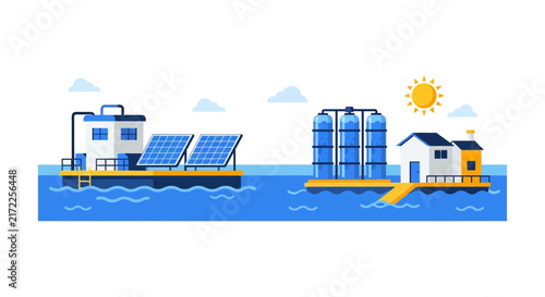 Floating Solar Energy and Offshore Desalination Plant Flat Vector Illustration