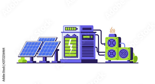 Sustainable Green Energy System with Solar Panels, Battery Storage, and Heat Pump Vector Illustration