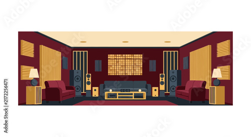Modern Home Theater and High-End Audio Listening Room Flat Vector Illustration