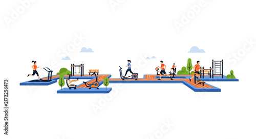 People Exercising in Outdoor Gym Vector Illustration