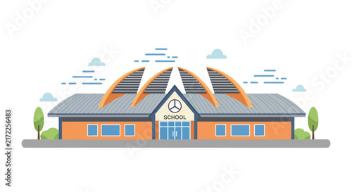 Modern school building illustration with unique architectural roof and flat vector design for education concepts.