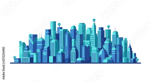Smart City Skyline Illustration with Location Pins and Map Markers