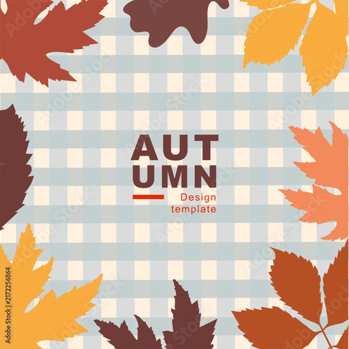 Autumn design template. Square vector banner featuring colorful fall leaves and blue gingham plaid pattern. Cozy retro layout for Thanksgiving or seasonal social media post.