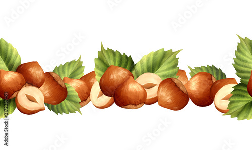 Fotografía Hand-drawn hazelnut leaf seamless border