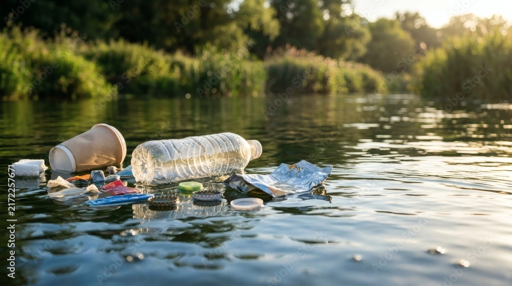 Fototapeta premium Plastic Pollution Floating in Serene River at Sunset