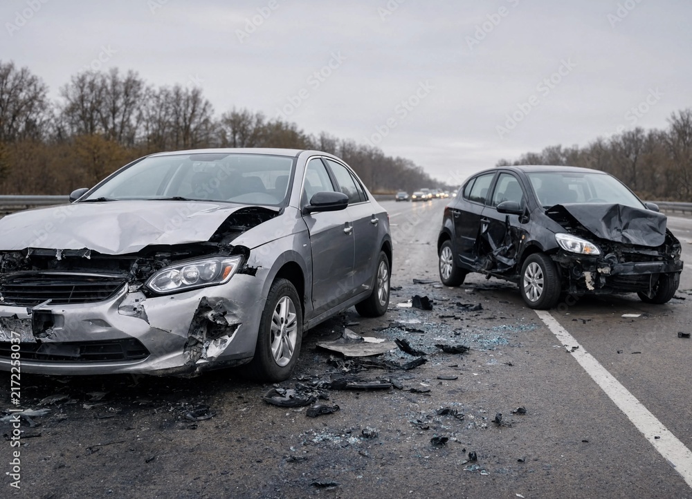 Naklejka premium Two severely damaged cars sit on a wet highway after a serious accident