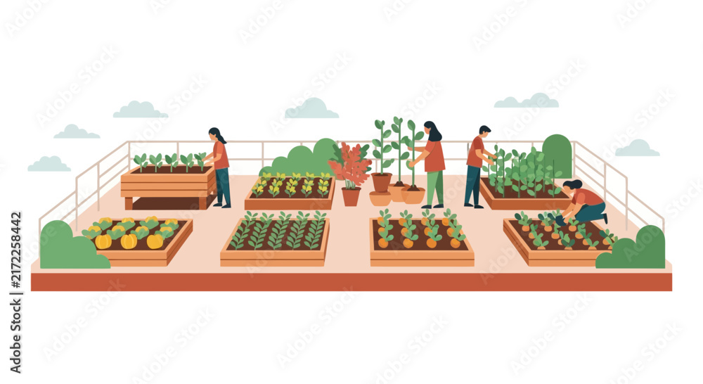 Fototapeta premium Flat Vector Illustration of People Gardening on an Urban Rooftop Garden with Raised Beds
