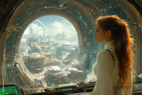 A Woman Enjoying Lunch in a Futuristic Space Station Cafeteria