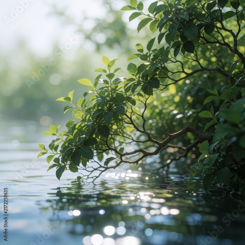 green leaves reflected in water