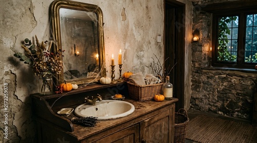 Rustic vintage bathroom interior with autumn pumpkins and candles