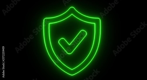Neon Green Security Shield with Check Mark on Black Background