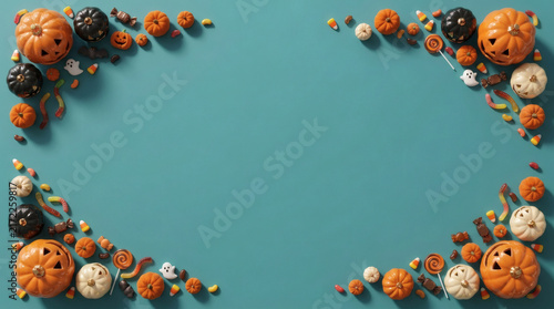 Halloween pumpkin and candy corner border on teal background copy space