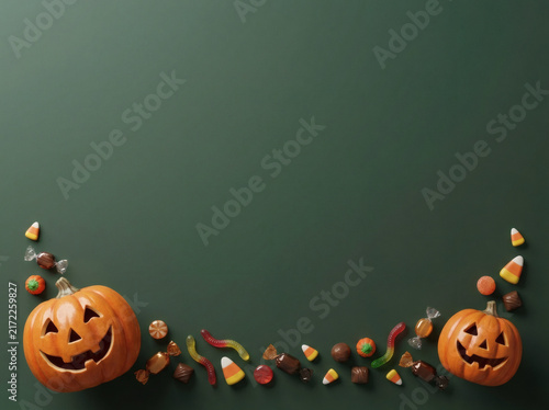 Halloween jack-o'-lantern and candy border on dark forest green background
