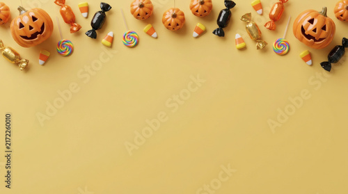 Halloween candy and pumpkin top border on yellow background copy space