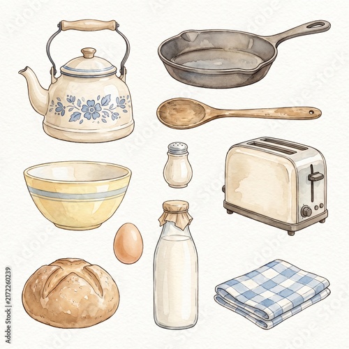 Watercolor Cozy Kitchen Collection with Kettle, Pan, Bread and Utensils