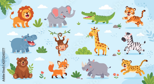 Cute cartoon wild animals set. Kawaii jungle, forest and savannah zoo characters illustrations collection. Vector clipart.