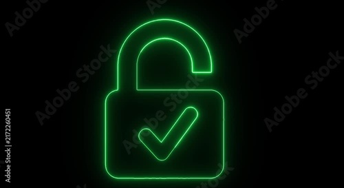 Neon Green Secure Padlock with Check Mark on Black Background