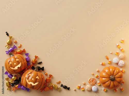 Halloween jack-o'-lantern and candy corner border on tan background