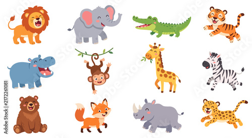 Cute cartoon wild animals set. Kawaii jungle, forest and savannah zoo characters illustrations collection. Vector clipart.