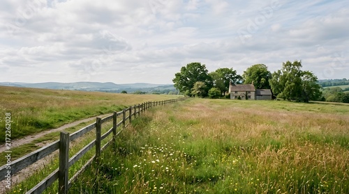 Stone farmhouse in a green meadow with a wooden fence and summer sky