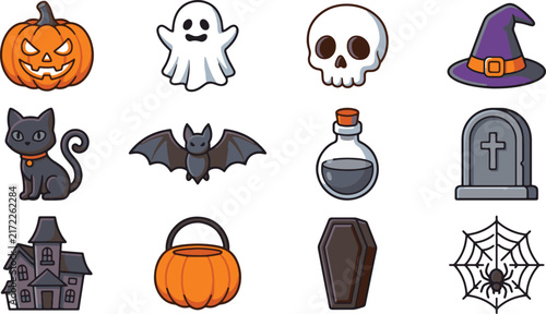 Cute Halloween icons set cartoon vector elements