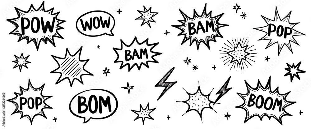 Fototapeta premium Hand drawn comic style explosion words such as POW WOW BAM and BOOM for creative projects.