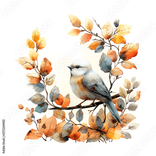 Gray and orange songbird perched in side view on a branch among colorful autumn leaves, watercolor botanical frame on a white background