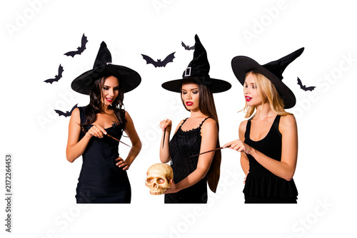 Obraz na plátně Composite photo collage of serious girls witches do magic sticks dead skull occu