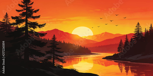 Sunset Mountain Landscape with Flying Birds River Reflection and Pine Trees Vector Illustration