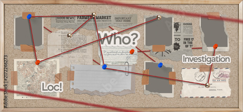 Obraz na plátně Detective investigation cork board with photo frame, newspaper, letter and map,