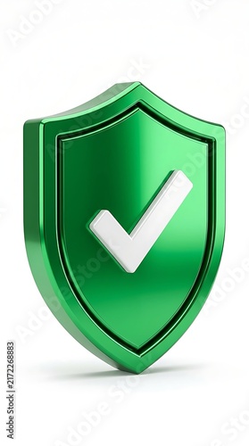 ​A metallic green 3D shield with a white check mark isolated on a clean white background, symbolizing cybersecurity and protection.