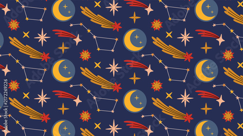 Vector seamless pattern with Moon, eclipse, shooting and sparkling stars, constellation, comets, star trails in cartoon hand drawn style. Template in a charming outer space for design and printing.