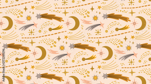 Cute vector hand drawn celestial seamless pattern with outer space, crescent moons, shooting and sparkling stars, comets, orbital trails and abstract cosmic elements. Template for printing and design.
