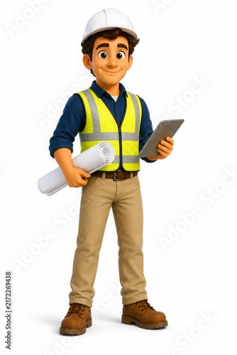 Construction Engineer With Blueprints And Tablet