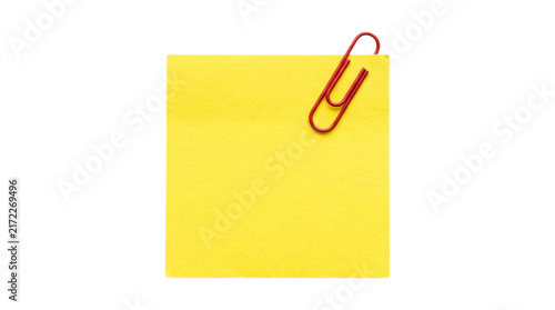 Obraz na płótnie Yellow sticky paper note attached with red paperclip isolated on transparent background for creative planning