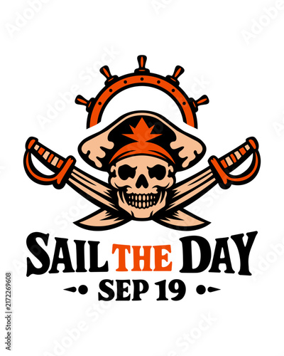 Retro pirate skull illustration with crossed swords, captain hat and bold vintage graphic design