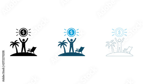 Financial freedom retirement concept icon set on tropical island with deckchair and palm.