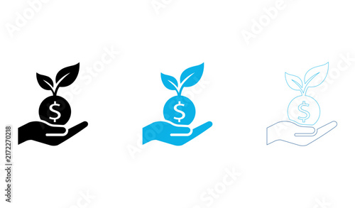 Wealth growth vector icon with dollar coin plant hand showing investment return progress.