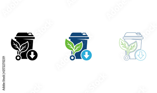 Eco friendly waste management bin icon set with green leaves and reduction arrow symbol.