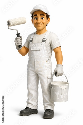 Painter Mascot With Paint Roller And Bucket