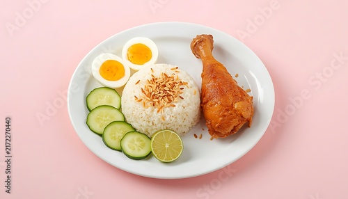Nasi Lemak with Fried Chicken, Steamed Rice, Boiled Eggs, Cucumber Slices and Lime on White Plate
