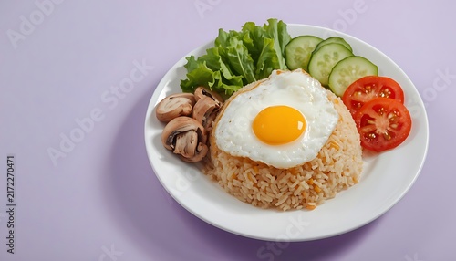 Nasi Goreng Indonesian Fried Rice Served With Fried Egg Fresh Vegetables Mushrooms Tomato And Cucumber Garnish