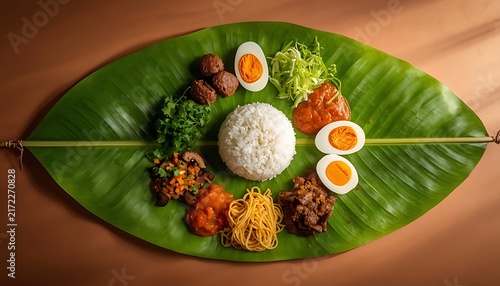 indonesian nasi campur with steamed rice, vegetables, eggs, noodles and savory side dishes served on banana leaf