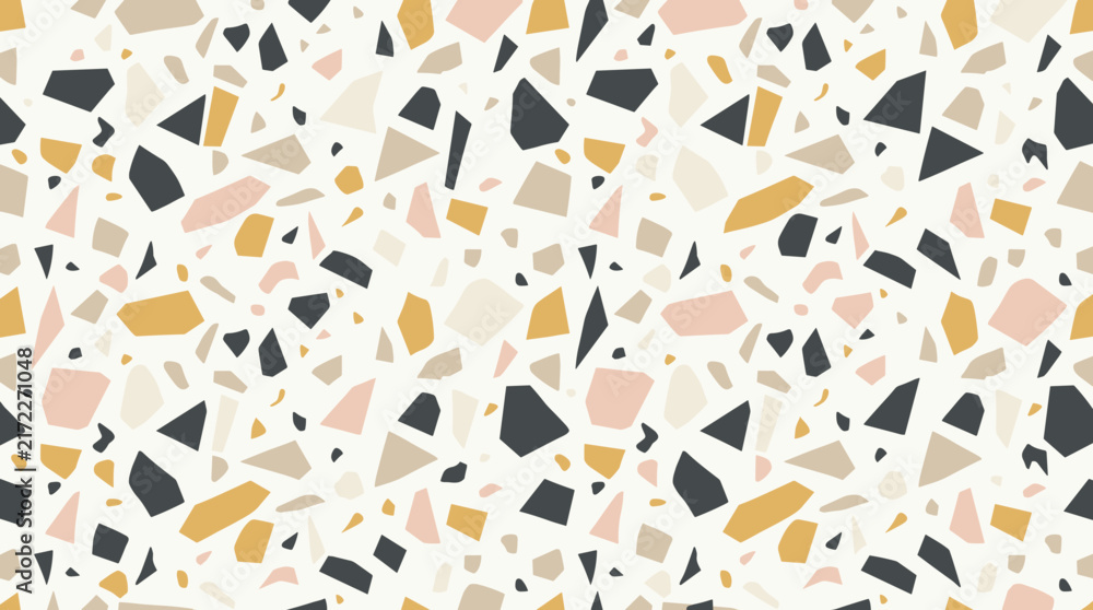 Obraz premium Abstract terrazzo seamless pattern with mustard and grey shapes on light cream background