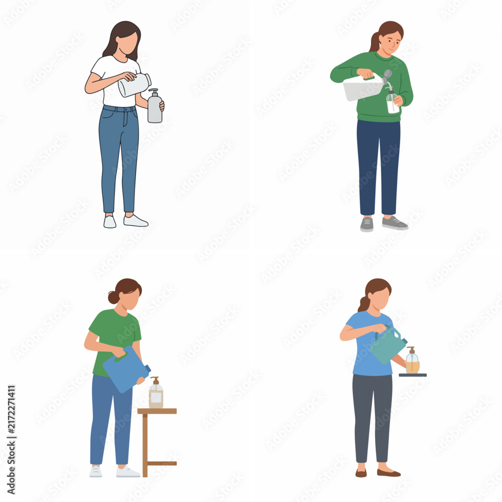 Obraz premium Set of illustrations featuring women refilling reusable pump bottles from large bulk containers to promote a zero waste sustainable lifestyle