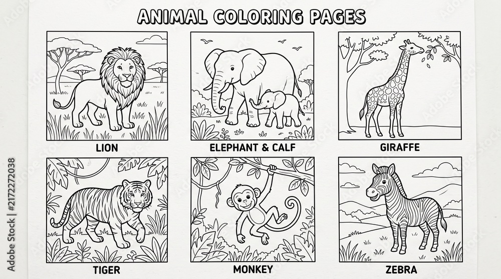 Obraz premium Cute Safari and Forest Animals Line Art Sketches for Kids Educational Coloring Book Page
