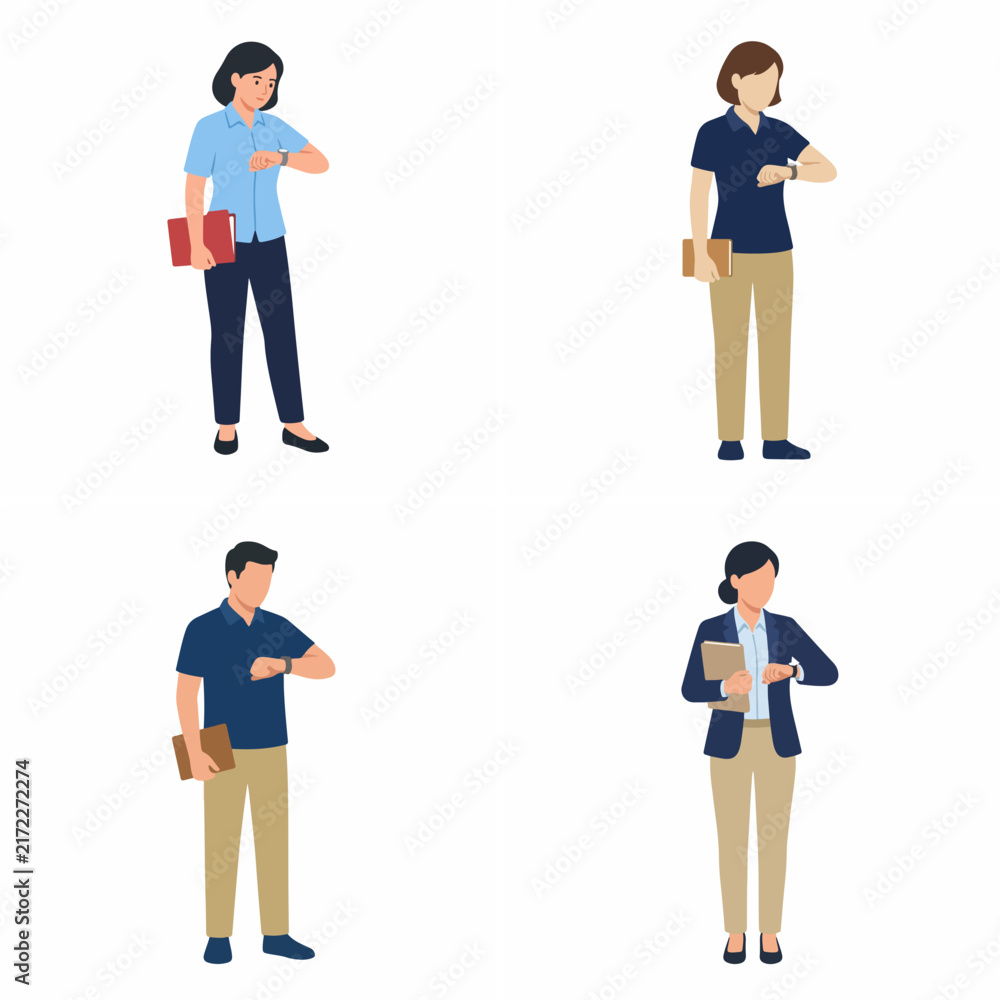 Fototapeta premium Set of business people checking the time on their wristwatches. Professional men and women holding documents and waiting for appointments in flat vector style.