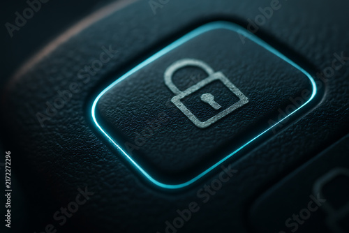 Glowing digital lock icon on dark secure login button, cybersecurity authentication interface