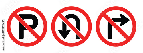 Traffic prohibition signs set featuring no parking no U turn and no right turn symbols for road safety transportation regulation and management