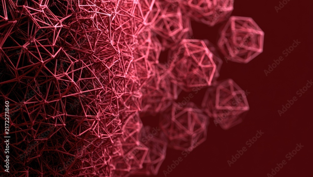 Fototapeta premium Abstract network of interconnected geometric shapes against a dark red background